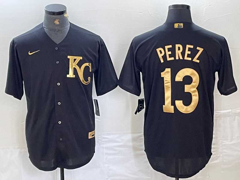 Men%27s Kansas City Royals #13 Salvador Perez Black Gold Cool Base Stitched Jersey